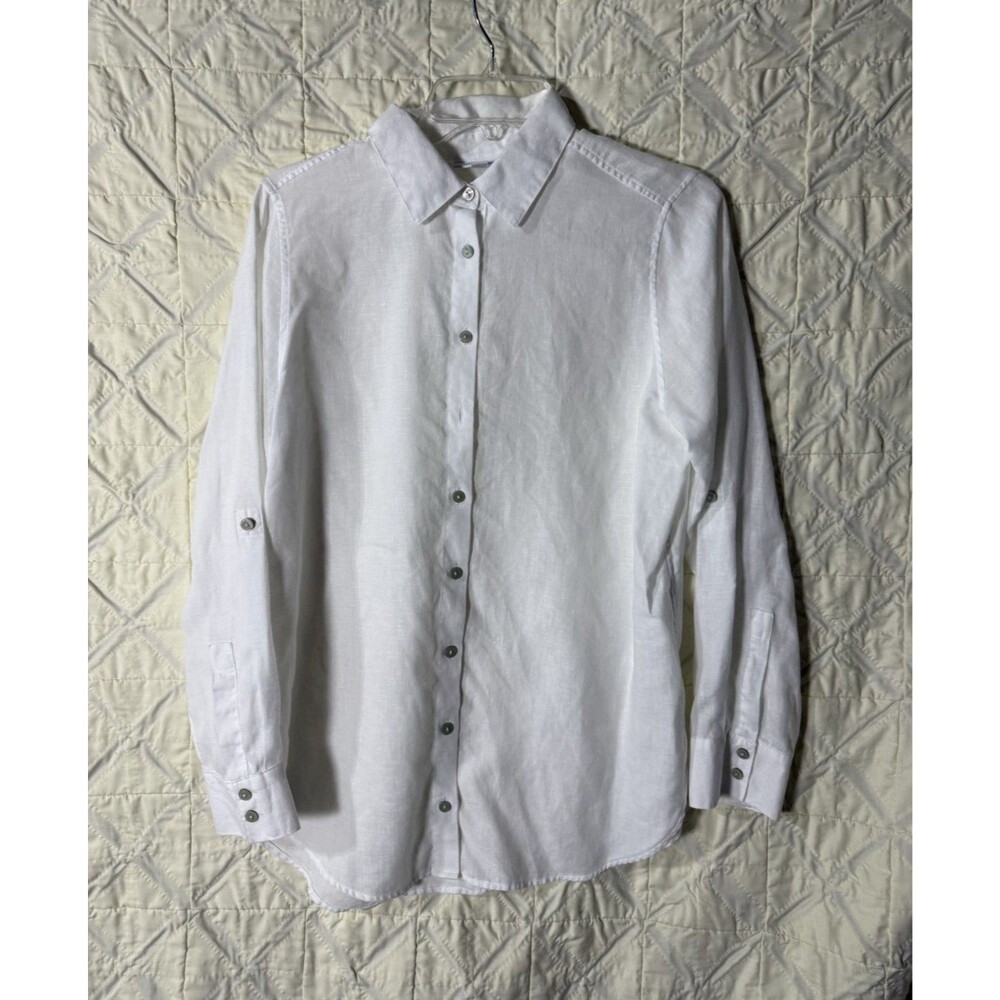 Chico’s White Linen Button-Up Shirt Size 0 US 4 Roll Tab Sleeves Classic Coastal